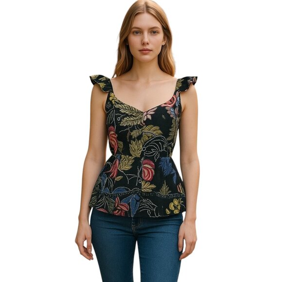 Farm Rio Floral Peplum Ruffle Sleeveless Blouse Top Small - Picture 1 of 5